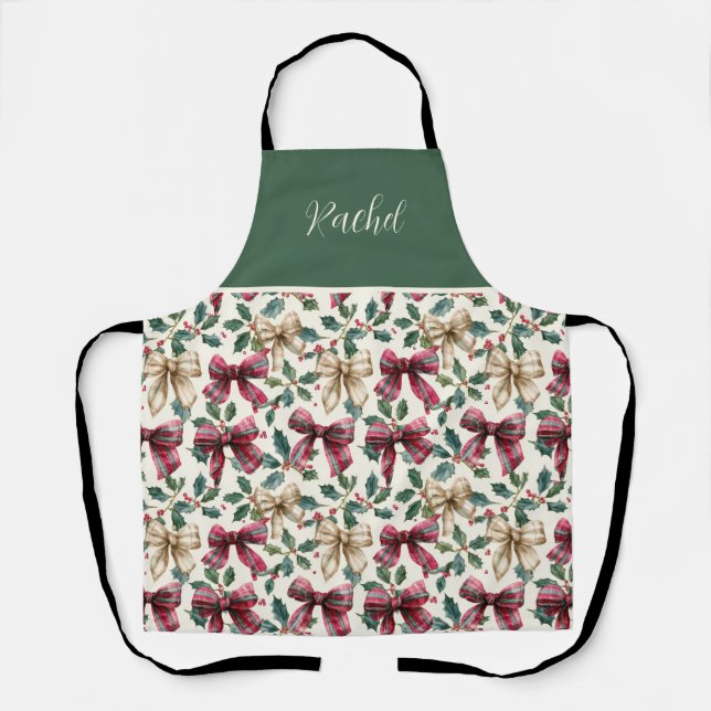 Cute Custom Christmas Bows and Holly Pattern  Apron (Front)