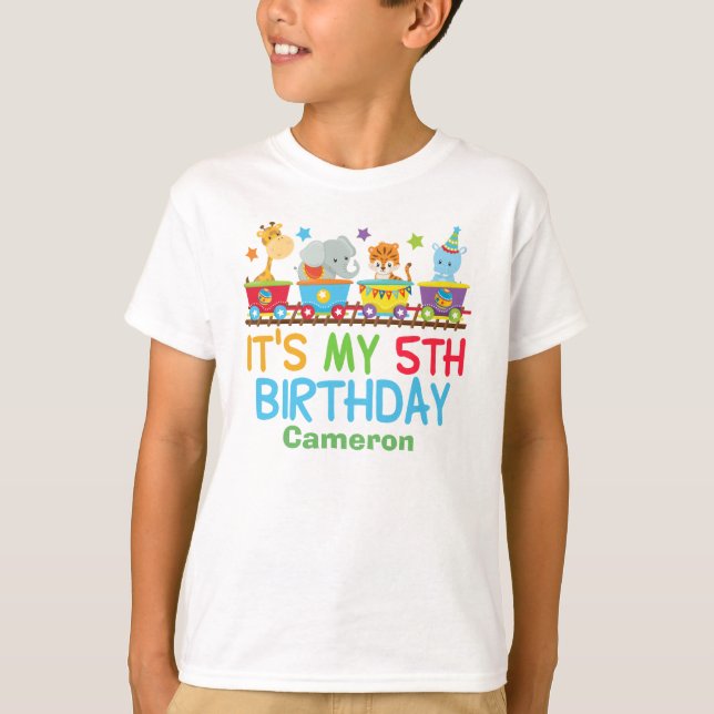 Cute Custom Circus Animal Train 5th Birthday T-Shirt (Front)