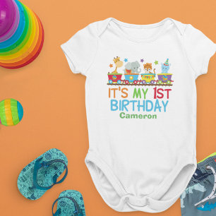 Cute Custom Circus Animal Train Birthday Baby Bodysuit
