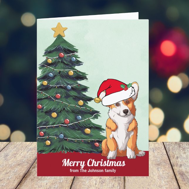 Cute Custom Corgi in Santa Hat Christmas Tree Holiday Card (Creator Uploaded)