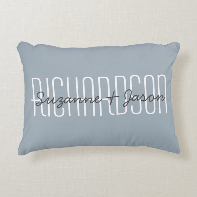Cute Custom Couple Names Typography Modern Blue Decorative Cushion (Front)