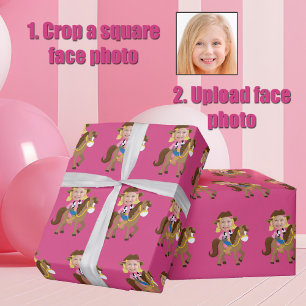 Cute Custom Cowgirl Blonde Kids Face Photo Pink Wrapping Paper