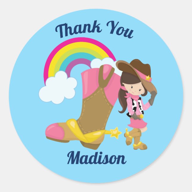 Cute Custom Cowgirl Thank You Classic Round Sticker (Front)