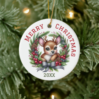 Cute Custom Deer Christmas Ceramic Ornament