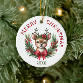 Cute Custom Deer Christmas Ceramic Ornament