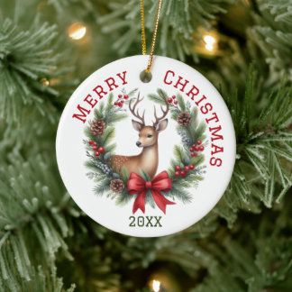 Cute Custom Deer Christmas Ceramic Ornament