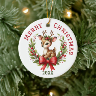 Cute Custom Deer Christmas Ceramic Ornament