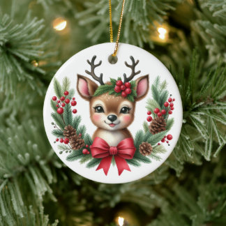 Cute Custom Deer Christmas Wreath Ceramic Ornament