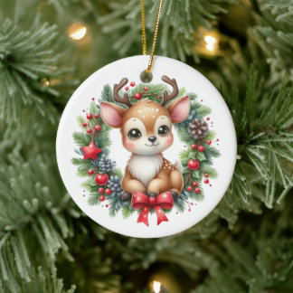 Cute Custom Deer Christmas Wreath Ceramic Ornament