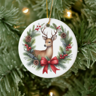Cute Custom Deer Christmas Wreath Ceramic Ornament