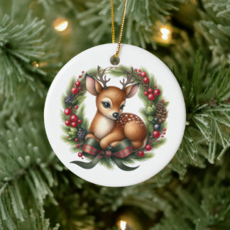 Cute Custom Deer Christmas Wreath Ceramic Ornament