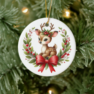 Cute Custom Deer Christmas Wreath Ceramic Ornament
