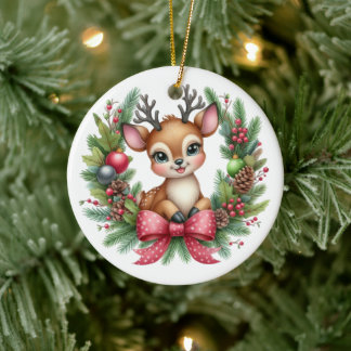 Cute Custom Deer Christmas Wreath Ceramic Ornament