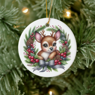 Cute Custom Deer Christmas Wreath Ceramic Ornament