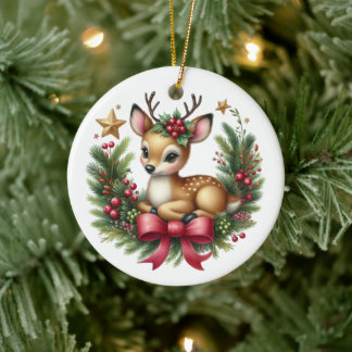Cute Custom Deer Christmas Wreath Ceramic Ornament