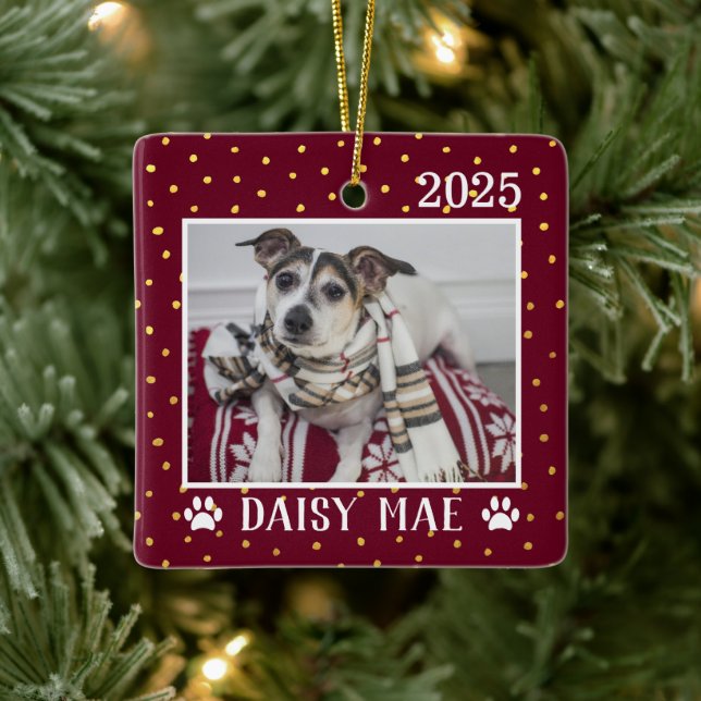 Cute Custom Dog Name Year Paw Prints Holiday Ceramic Ornament (Tree)