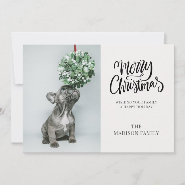 Cute Custom Dog Photo Mistletoe Merry Christmas Holiday Card (Front)