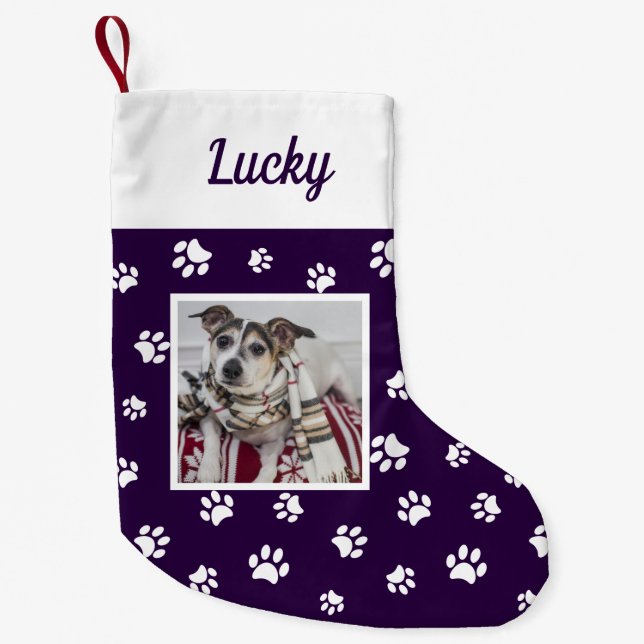 Cute Custom Dog Photo Name Purple White Paws Small Christmas Stocking (Front)