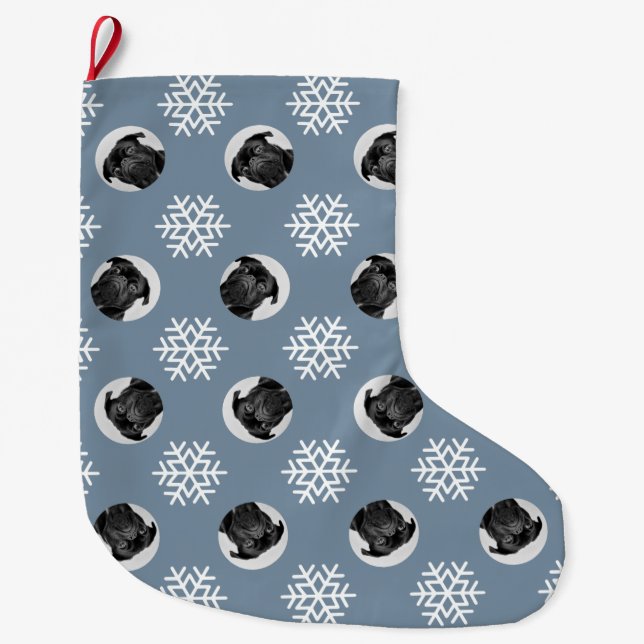 Cute Custom Dog Your Pet Photo Blue Snowflake Large Christmas Stocking (Front)