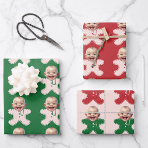 Cute Custom Face Photo Gingerbread Men Christmas Wrapping Paper Sheet
