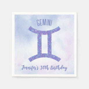 Cute Custom Gemini Sign Purple Birthday Party Napkin