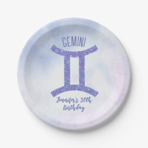 Cute Custom Gemini Sign Purple Birthday Party Paper Plate