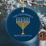 Cute Custom Jewish Family Menorah Blue Hanukkah Ceramic Ornament<br><div class="desc">Cute custom Hanukkah ornament for a Jewish family gift or Chanukah party with a synagogue. Personalise with your own last name or group information in blue around the pretty blue menorah.</div>