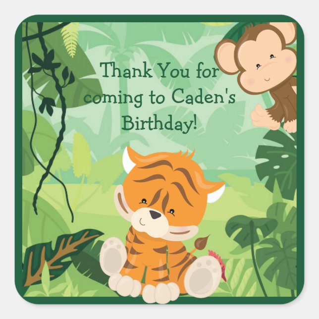 Cute Custom Jungle Kids Birthday Party Green Square Sticker (Front)