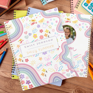 Cute Custom Kid Name & Photo Colourful Rainbow Planner