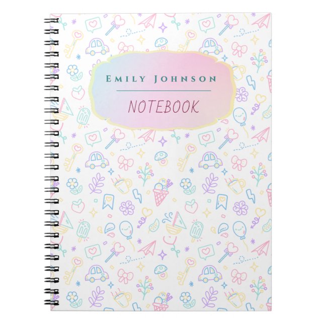 Cute Custom  Kid’s Name Colourful Patterns Notebook (Front)