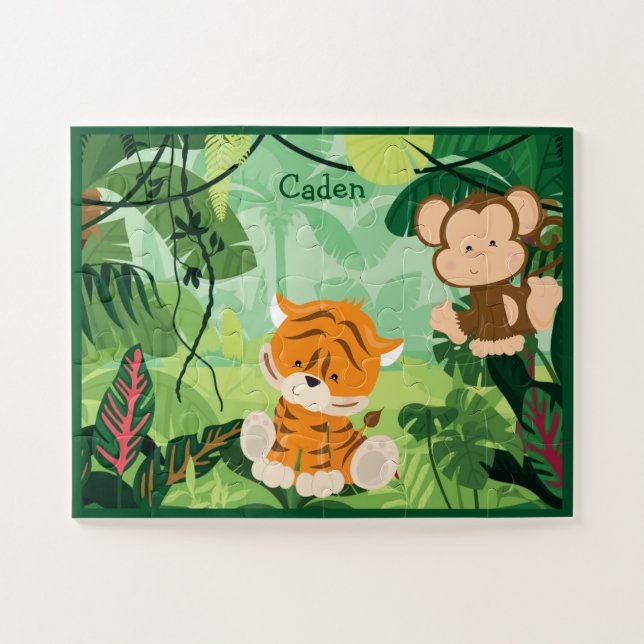 Cute Custom Kids Jungle Tiger Monkey Jigsaw Puzzle (Horizontal)