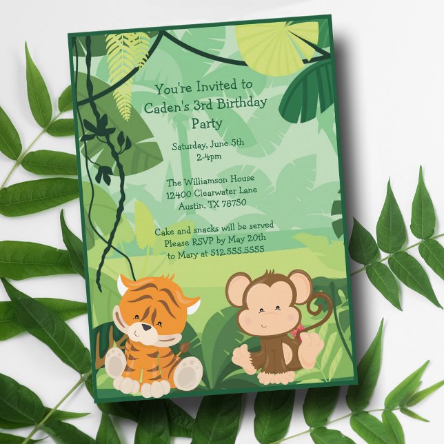 Cute Custom Kids Jungle Tiger Monkey Safari Party Invitation (Creator Uploaded)