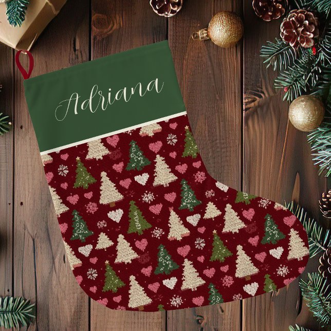 Cute Custom Knitted Style Christmas Trees Pattern  Large Christmas Stocking (Creator Uploaded)