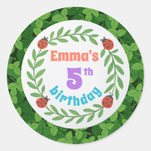 Cute Custom Ladybug & Leaf 5th Birthday Classic Round Sticker