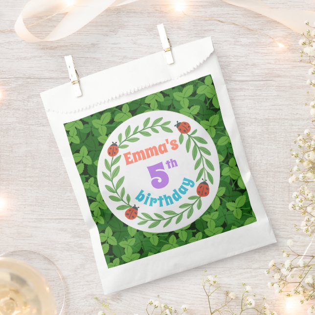 Cute Custom Ladybug & Leaf 5th Birthday Favour Bag (Clipped)