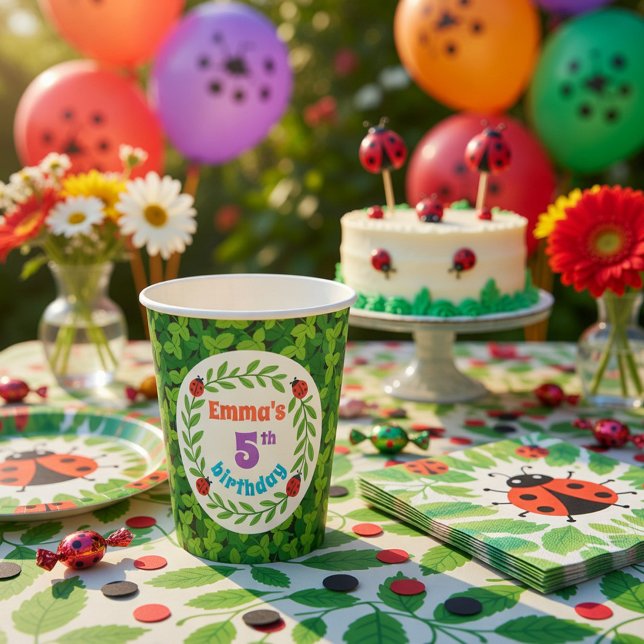 Cute Custom Ladybug & Leaf 5th Birthday Paper Cups (Creator Uploaded)