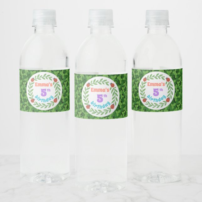 Cute Custom Ladybug & Leaf 5th Birthday Water Bottle Label (Bottles)