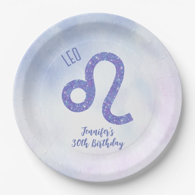Cute Custom Leo Astrology Purple Birthday Party Paper Plate (Front)