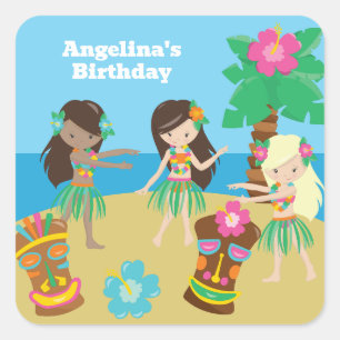 Cute Custom Luau Beach Birthday Party Hula Girls Square Sticker