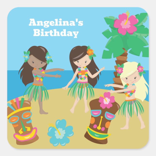 Cute Custom Luau Beach Birthday Party Hula Girls Square Sticker (Front)