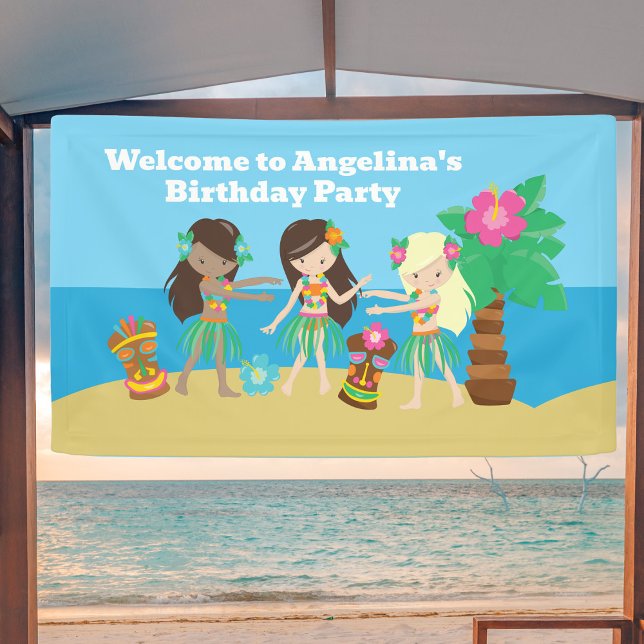 Cute Custom Luau Beach Hula Girls Birthday Party Banner (Creator Uploaded)