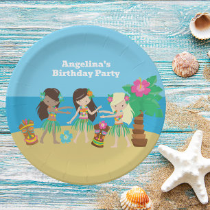 Cute Custom Luau Beach Hula Girls Birthday Party Paper Plate