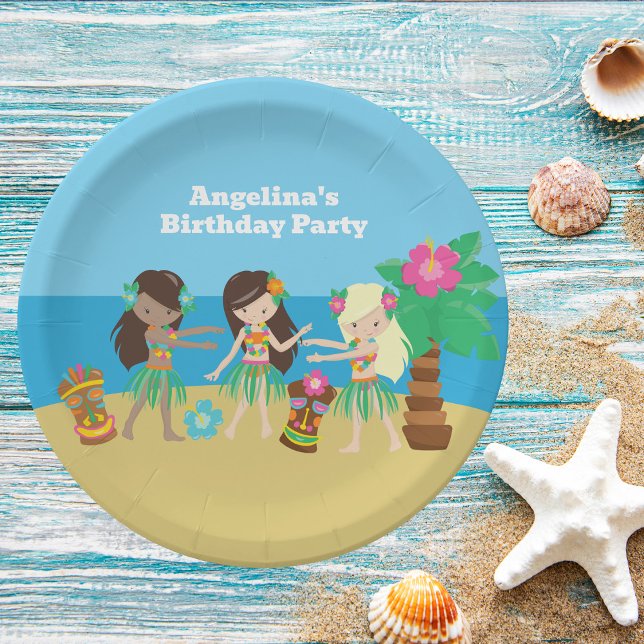 Cute Custom Luau Beach Hula Girls Birthday Party Paper Plate (Creator Uploaded)