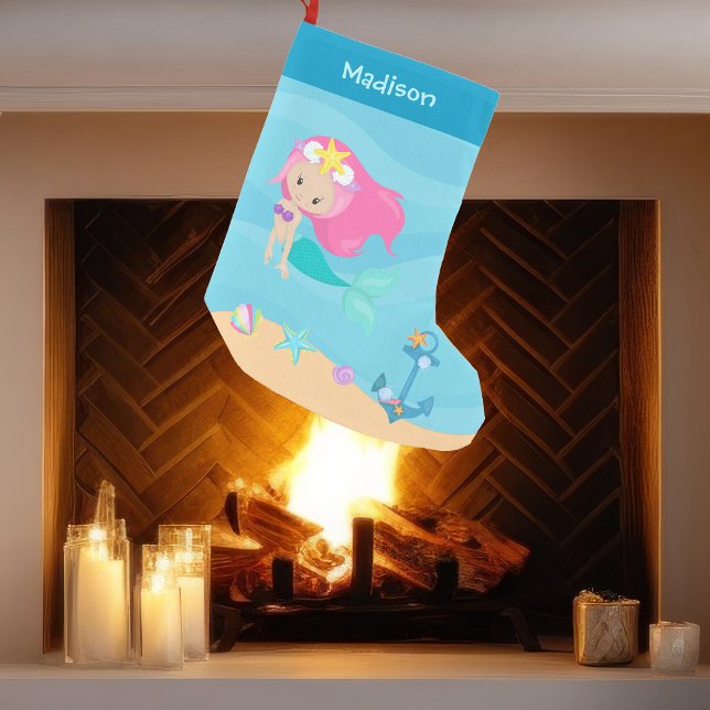 Cute Custom Mermaid Beach House Kids Small Christmas Stocking (Creator Uploaded)