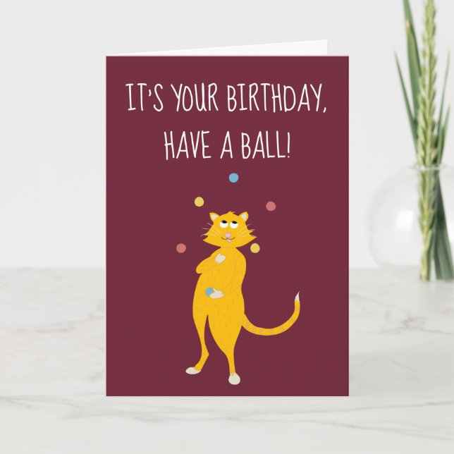 Cute Custom Message Cat Juggling Balls Card (Front)