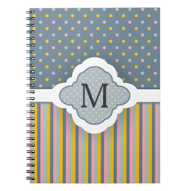 Cute Custom Monogram Polka Dot Stripes Pattern Notebook (Front)
