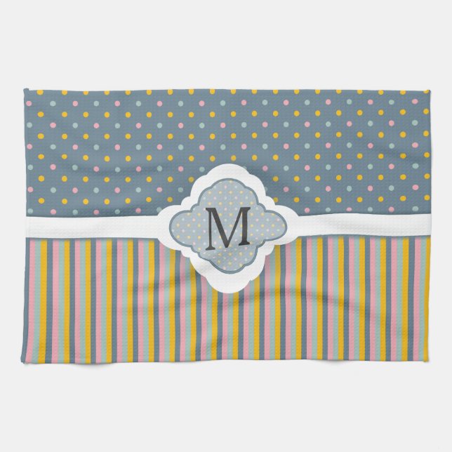 Cute Custom Monogram Polka Dot Stripes Pattern Tea Towel (Horizontal)
