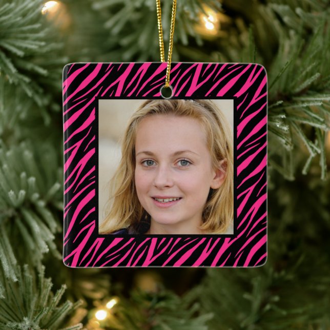 Cute Custom Name And Photo Pink Zebra Christmas Ceramic Ornament (Tree)