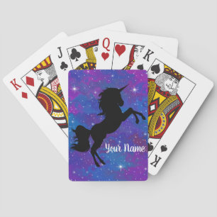 Cute Custom Name Black/Purple Unicorn Galaxy Stars Playing Cards