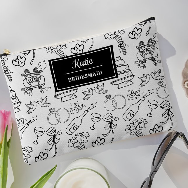 Cute Custom Name Bridesmaid Proposal Gift Makeup Accessory Pouch (Custom bridesmaid pouch with whimsical wedding icons. Perfect for bridal parties and gifts!)